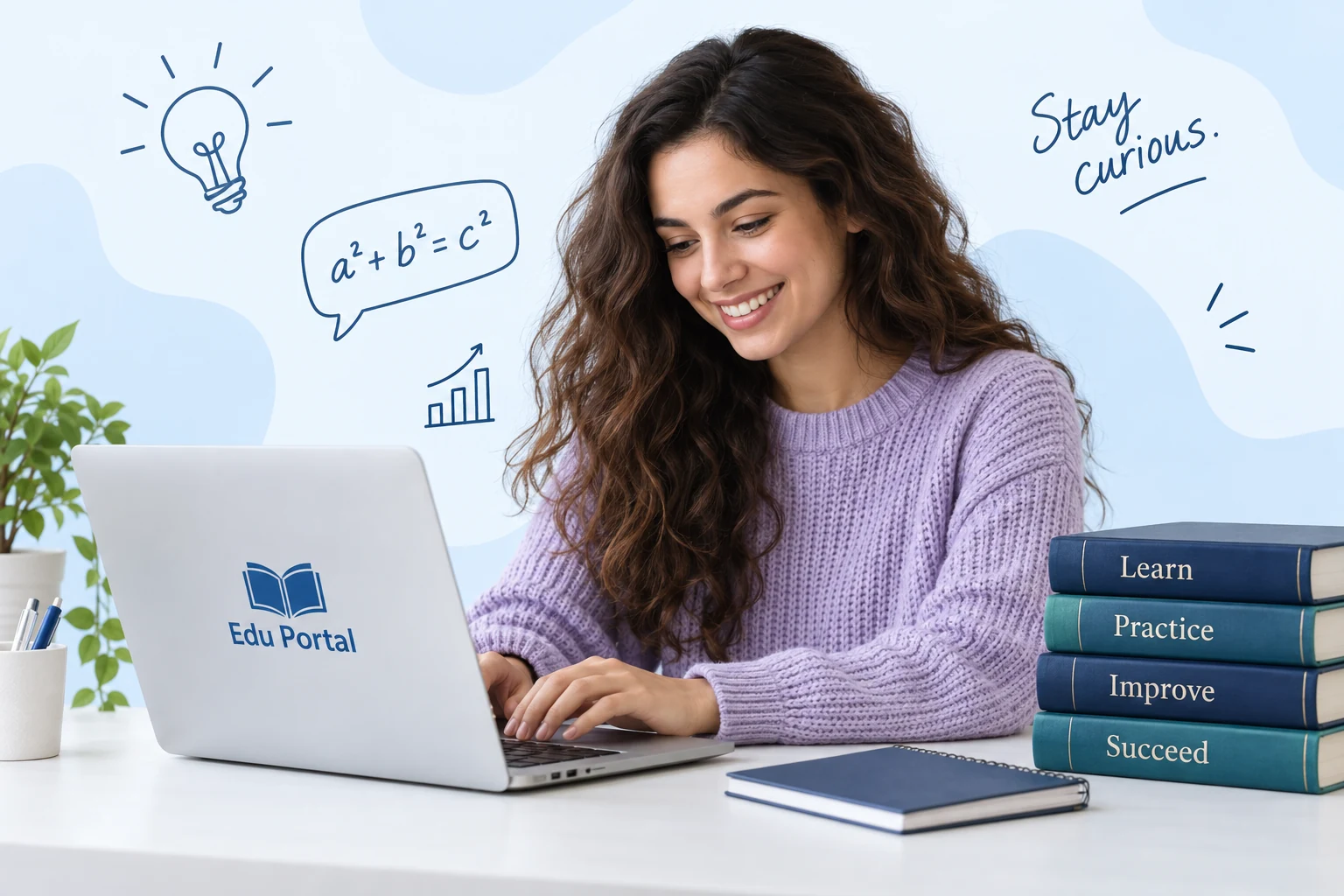 A student learning on an Edu Portal laptop, surrounded by books, a mathematics equation, an idea bulb, and an illustrative progress chart.
